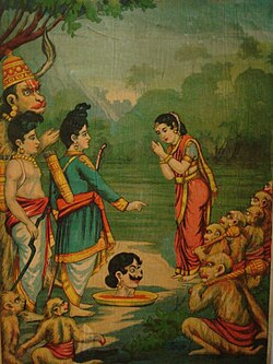 Ravanas_virtuous_daughter-in-law_Sulochana_receives_the_head_of_her_husband_Indrajit_who_has_been_killed_by_Rama_bazaar_art_1910s