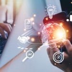 woman Hand holding virtual Global Internet connection metaverse.