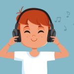 Cheerful kid wearing headphones feeling relaxed