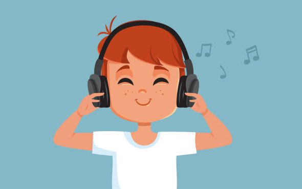 Cheerful kid wearing headphones feeling relaxed